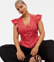 New Look Curves Red Floral Crepe Frill Sleeve Blouse